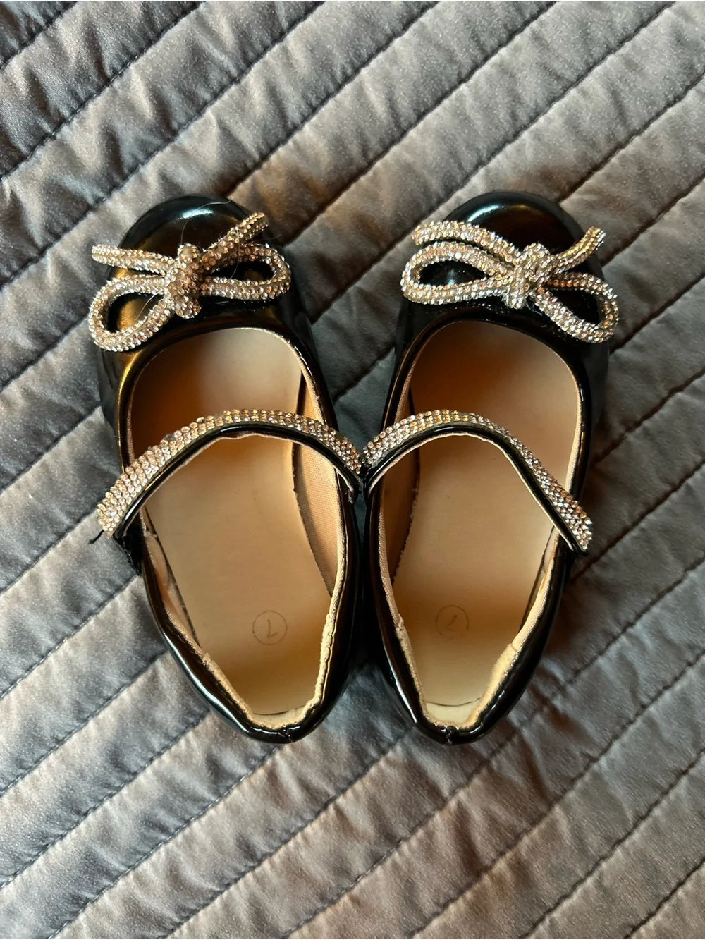 Girls' Black Patent Mary Jane Flats with Crystal Bow
